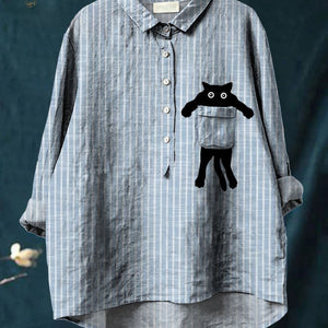 Gestreifte Bluse | Katzenmuster | Halbknopfleiste | Locker sitzende Bluse | Damenbluse-Fashion Peak