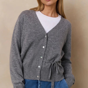 Knopfleiste | Taillengürtel | Grau | Strickjacke | Damenstrickmode-Fashion Peak
