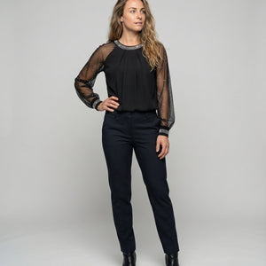 Langärmliges Oberteil aus Netzstoff | Schwarz | Glitzernd | Oberteil mit transparenten Ärmeln | Damenbluse-Fashion Peak