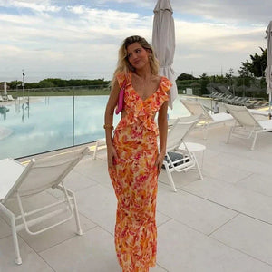 Maxi Sundress - Orange rückenfreies Rüschen-Sommerkleid-Fashion Peak