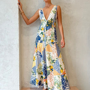 Maxikleid | Ärmellos | Patchwork | V-Ausschnitt | Sommerkleid-Fashion Peak