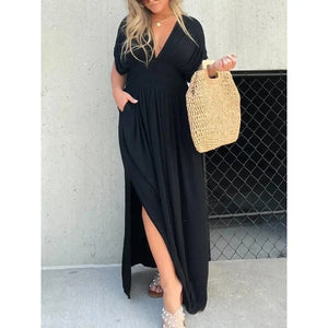 Maxikleid | V-Ausschnitt | geraffte Taille | fließendes Kleid | Sommerkleid-Fashion Peak