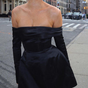 Off-Shoulder-Kleid | Langarm | Party | Satinkleid | Schwarzes Minikleid-Fashion Peak