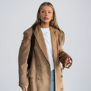 Trenchcoat – Damenjacke mit doppelter Knopfleiste und langem Kunstwildleder-Fashion Peak