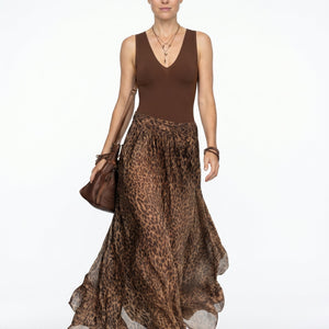 Leoparden Maxikleid Damen | Ärmelloses Sommerkleid mit V-Ausschnitt | Partykleid