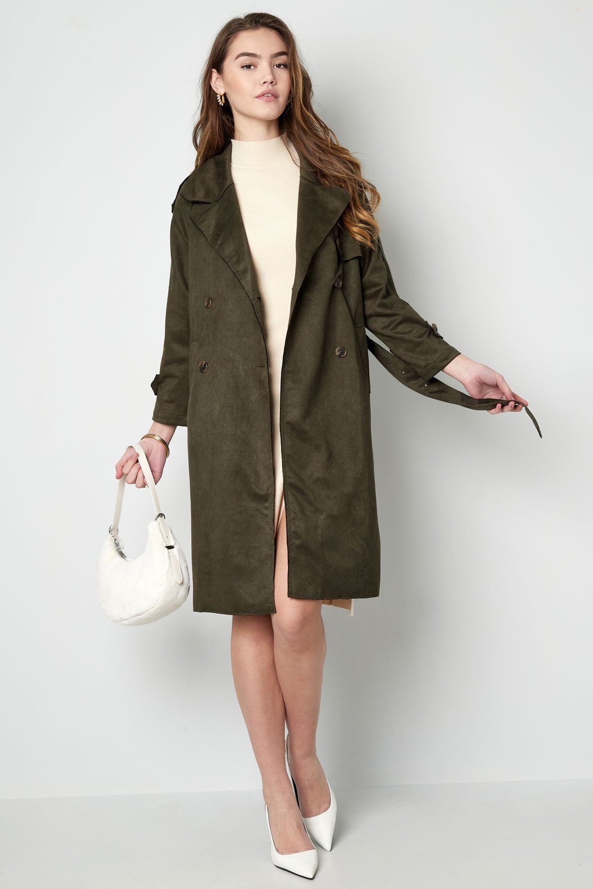 Wildleder-Trenchcoat | Mittellang | Herbst | Zweireihiger Trenchcoat | Damen-Trenchcoat