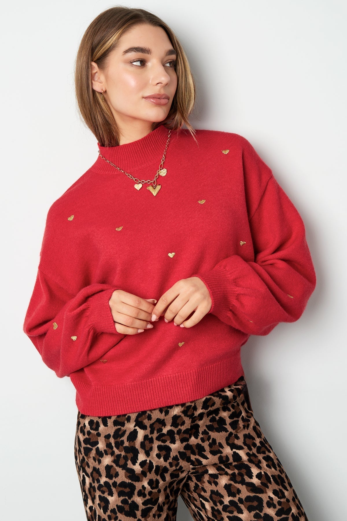 Herz-Pullover – Locker geschnitten – Hoher Kragen – Strickpullover – Damen-Strickmode