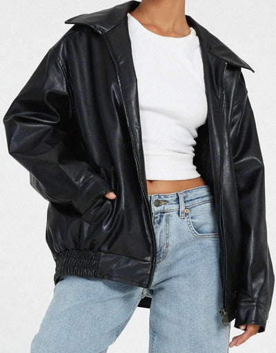 Kunstlederjacke | Oversize | Reißverschluss | Leder-Bomberjacke | Kunstlederjacke Damen