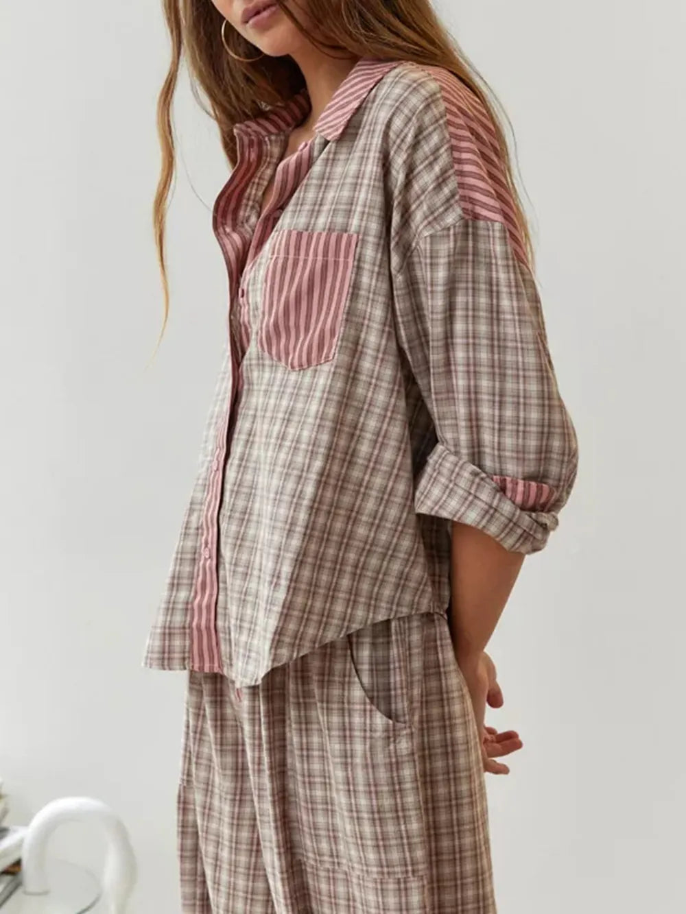 Pyjama-Set – Langärmeliges Pyjama-Set aus Baumwolle mit Karomuster für Damen