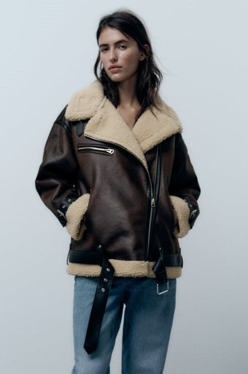 Winter-Lederjacke – Oversized-Bikerjacke aus Leder mit Sherpa-Fleece für Damen