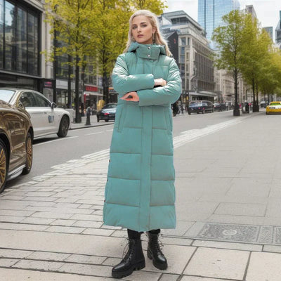 Lange Pufferjacke – warm – mit Kapuze – wattierter Damenmantel – langer Wintermantel für Damen