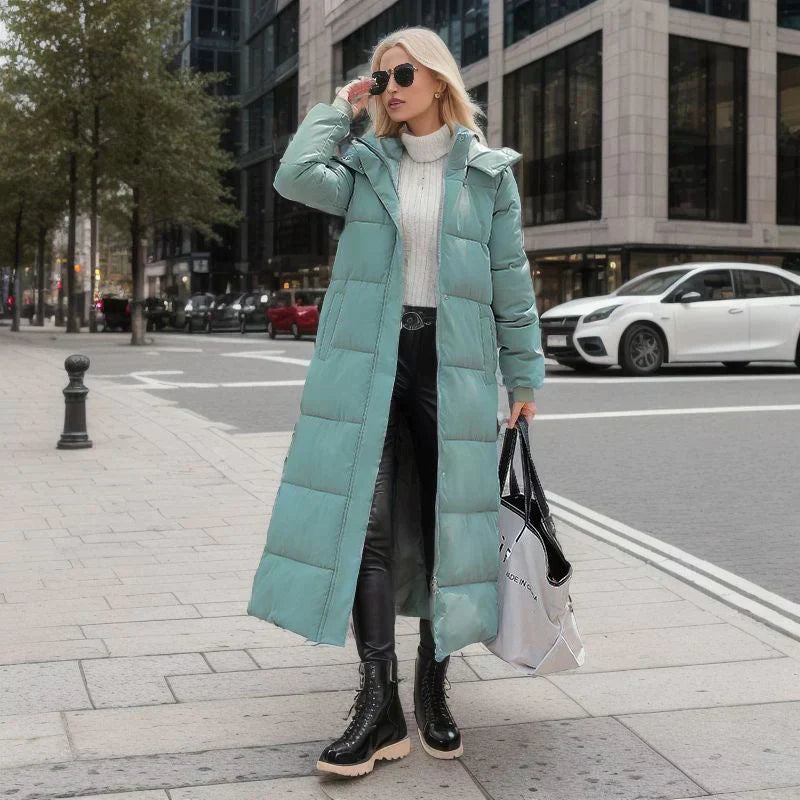 Lange Pufferjacke – warm – mit Kapuze – wattierter Damenmantel – langer Wintermantel für Damen