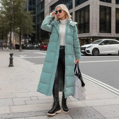 Lange Pufferjacke – warm – mit Kapuze – wattierter Damenmantel – langer Wintermantel für Damen