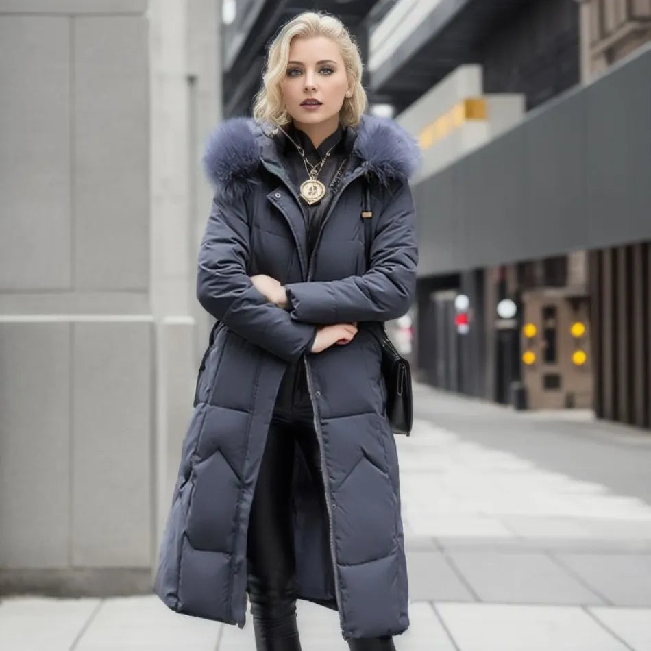 Lange Daunenjacke für Damen – Pelzkragen – Gefüttert – Winterjacke – Langer Mantel für Damen