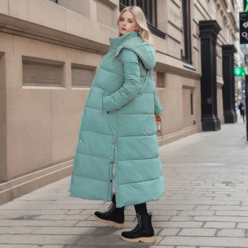 Lange Pufferjacke – warm – mit Kapuze – wattierter Damenmantel – langer Wintermantel für Damen