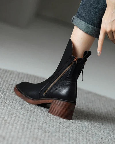 Ankle Boots - Damenstiefel mit braunem und schwarzem Blockabsatz aus Leder
