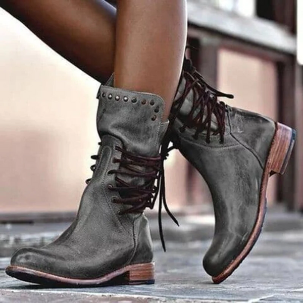 Lederstiefel – Flache Boho-Stiefel für Damen, halbhohe Wadenstiefel