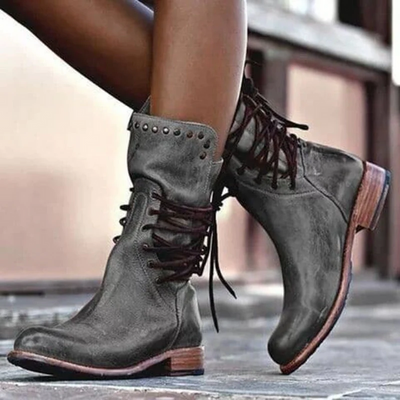 Lederstiefel – Flache Boho-Stiefel für Damen, halbhohe Wadenstiefel