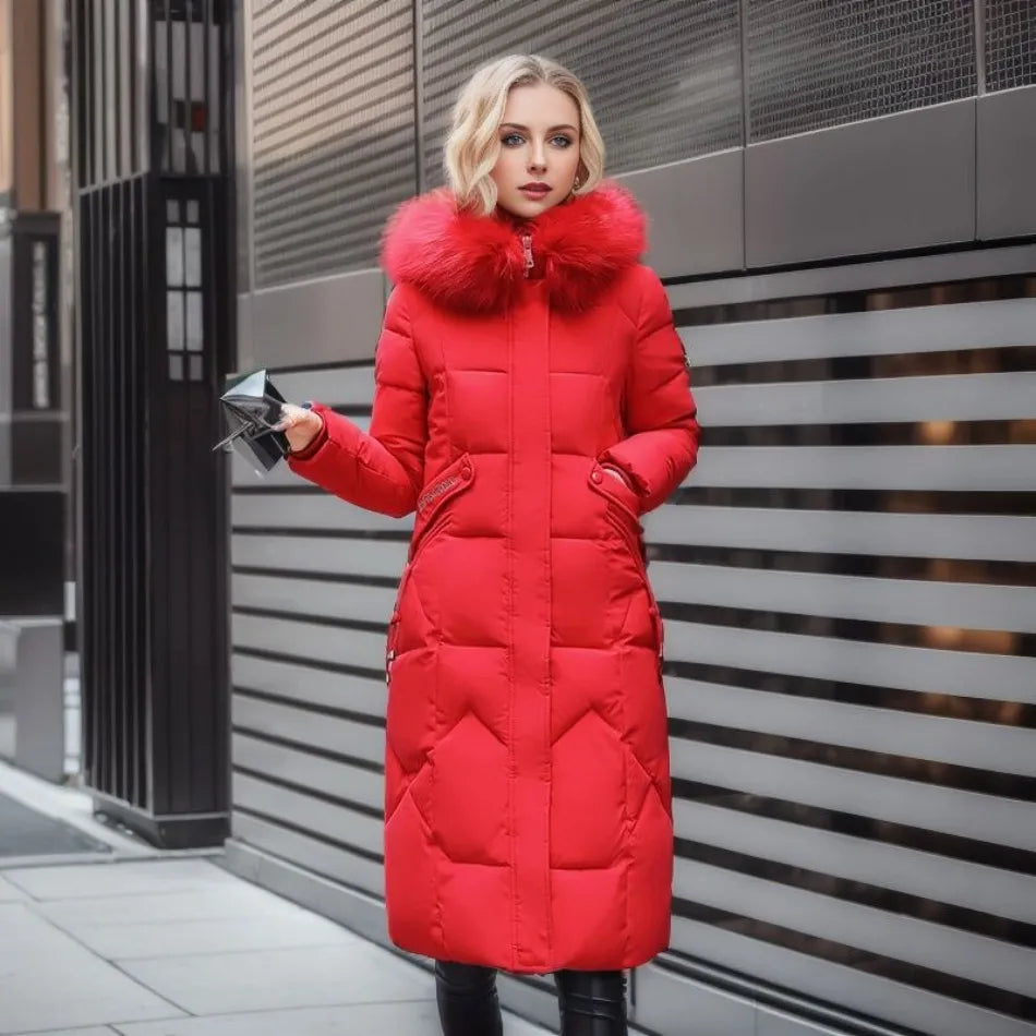 Lange Daunenjacke für Damen – Pelzkragen – Gefüttert – Winterjacke – Langer Mantel für Damen