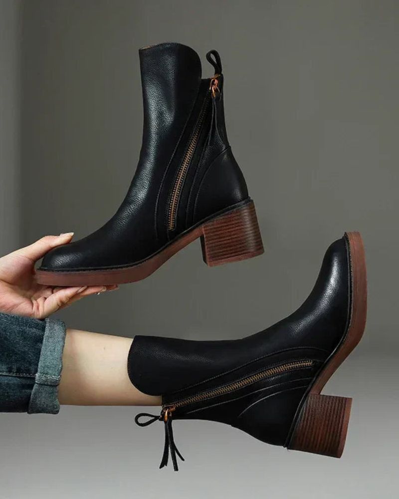 Ankle Boots - Damenstiefel mit braunem und schwarzem Blockabsatz aus Leder