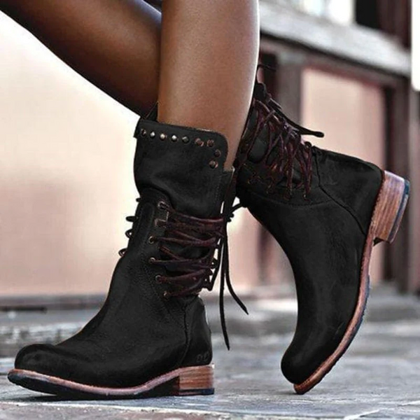 Lederstiefel – Flache Boho-Stiefel für Damen, halbhohe Wadenstiefel