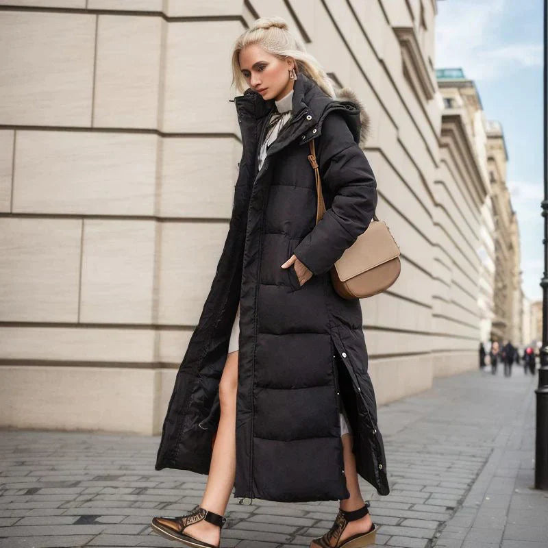 Lange Pufferjacke – warm – mit Kapuze – wattierter Damenmantel – langer Wintermantel für Damen