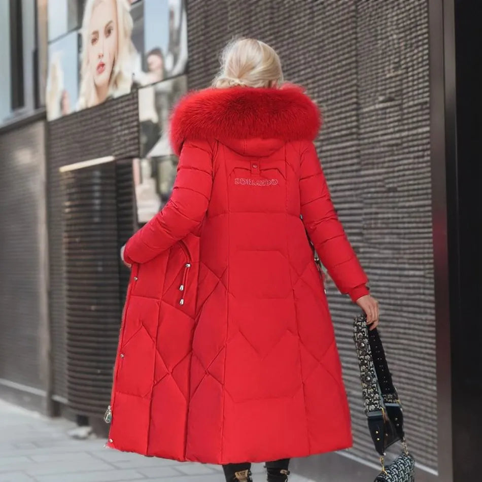 Lange Daunenjacke für Damen – Pelzkragen – Gefüttert – Winterjacke – Langer Mantel für Damen