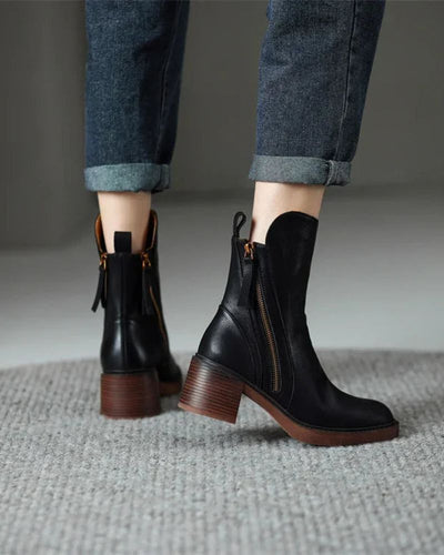 Ankle Boots - Damenstiefel mit braunem und schwarzem Blockabsatz aus Leder