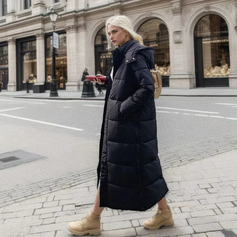 Lange Pufferjacke – warm – mit Kapuze – wattierter Damenmantel – langer Wintermantel für Damen