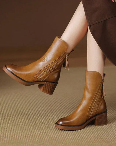 Ankle Boots - Damenstiefel mit braunem und schwarzem Blockabsatz aus Leder
