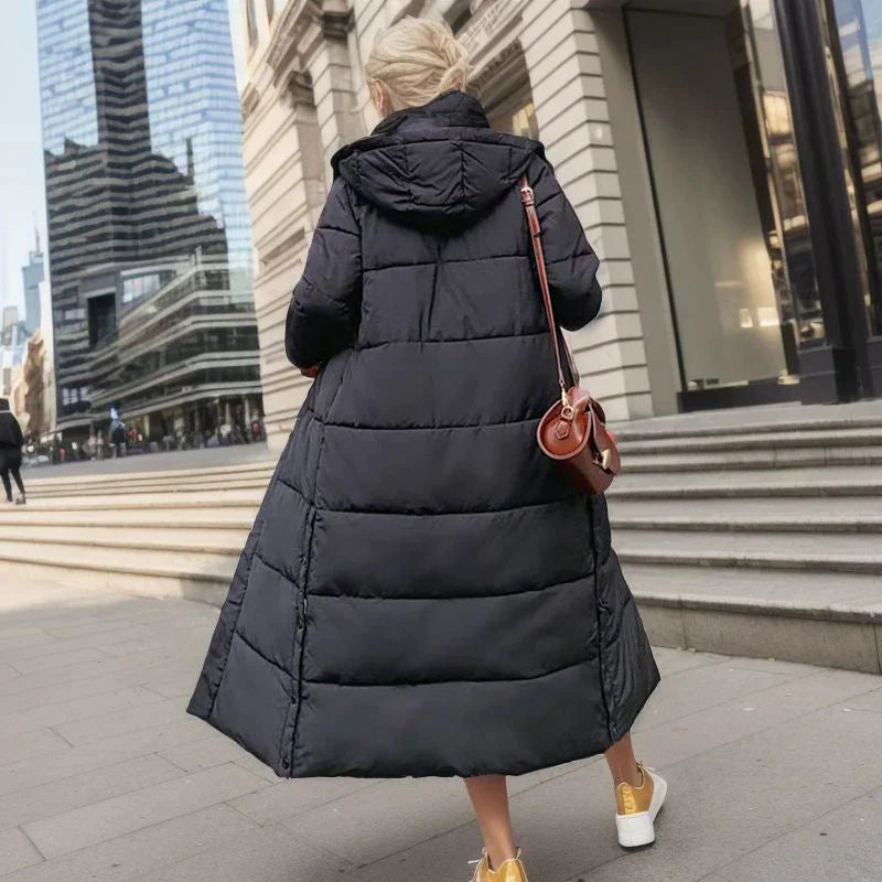 Lange Pufferjacke – warm – mit Kapuze – wattierter Damenmantel – langer Wintermantel für Damen