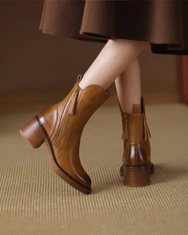 Ankle Boots - Damenstiefel mit braunem und schwarzem Blockabsatz aus Leder