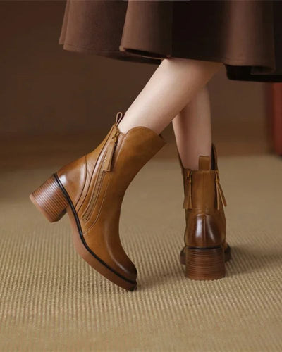Ankle Boots - Damenstiefel mit braunem und schwarzem Blockabsatz aus Leder