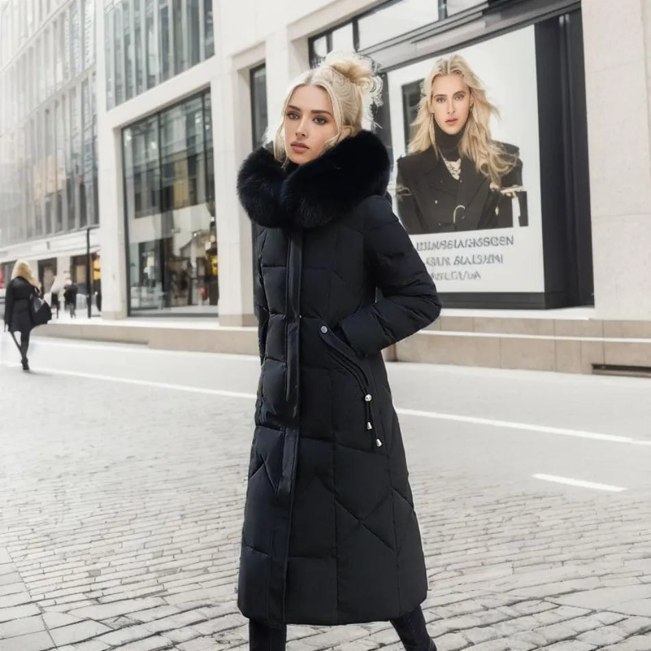 Lange Daunenjacke für Damen – Pelzkragen – Gefüttert – Winterjacke – Langer Mantel für Damen