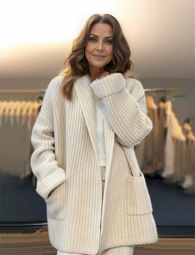 Strickjacke – Weiß – Offene Vorderseite – Oversized-Strickjacke – Damenstrickwaren