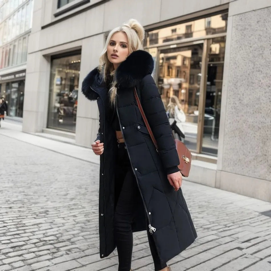 Lange Daunenjacke für Damen – Pelzkragen – Gefüttert – Winterjacke – Langer Mantel für Damen
