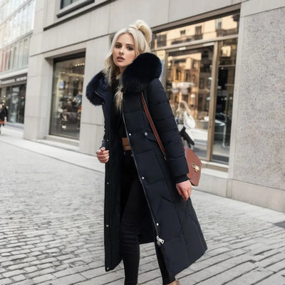 Lange Daunenjacke für Damen – Pelzkragen – Gefüttert – Winterjacke – Langer Mantel für Damen