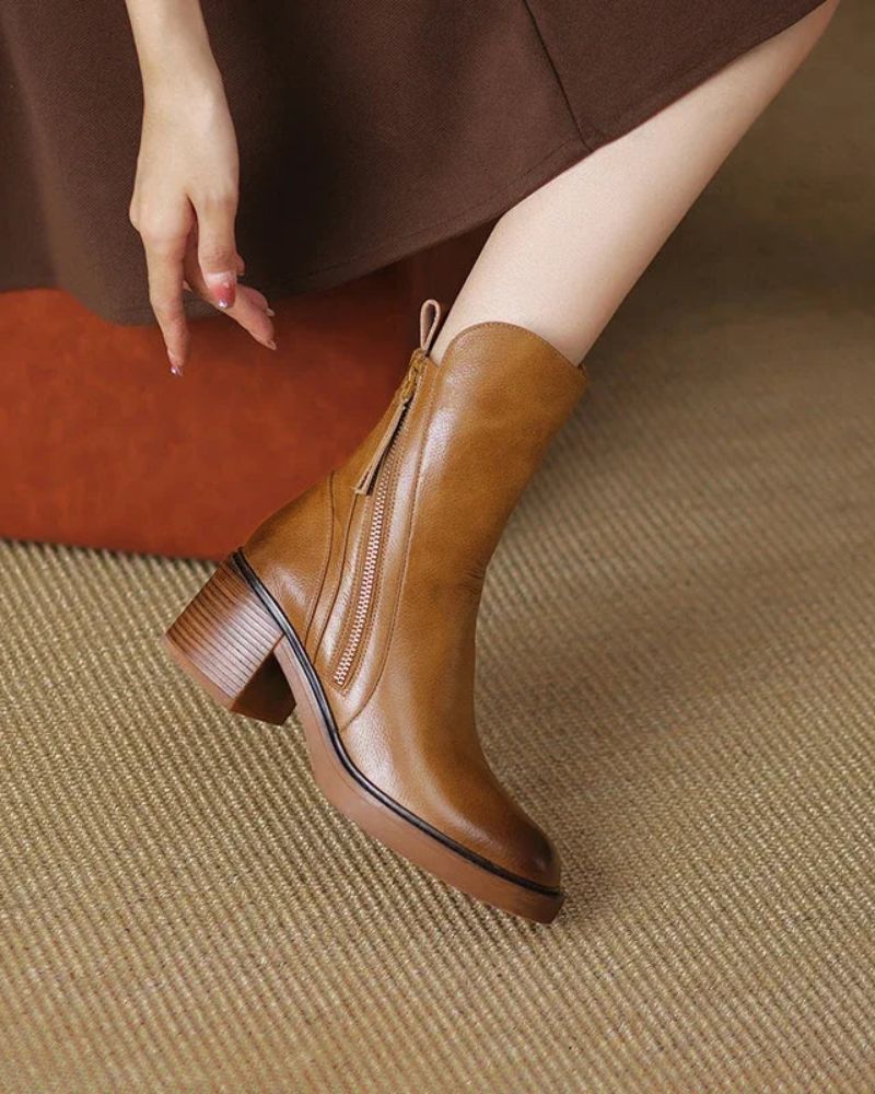 Ankle Boots - Damenstiefel mit braunem und schwarzem Blockabsatz aus Leder