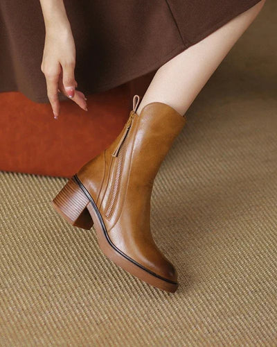 Ankle Boots - Damenstiefel mit braunem und schwarzem Blockabsatz aus Leder