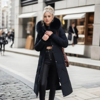 Lange Daunenjacke für Damen – Pelzkragen – Gefüttert – Winterjacke – Langer Mantel für Damen