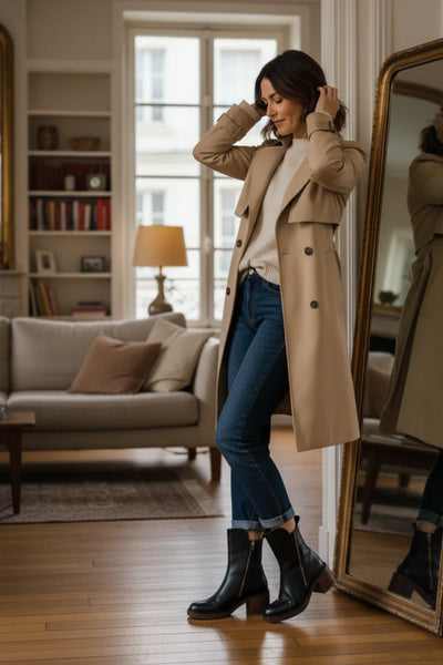 Ankle Boots - Damenstiefel mit braunem und schwarzem Blockabsatz aus Leder