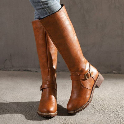 Kniehohe Stiefel – Flache Damenstiefel aus Leder mit weitem Schaft für den Winter
