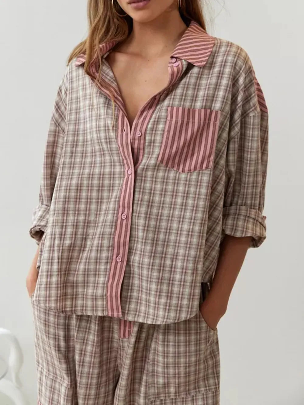 Pyjama-Set – Langärmeliges Pyjama-Set aus Baumwolle mit Karomuster für Damen