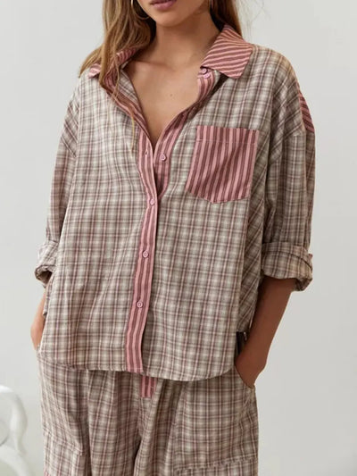 Pyjama-Set – Langärmeliges Pyjama-Set aus Baumwolle mit Karomuster für Damen