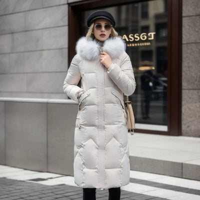 Lange Daunenjacke für Damen – Pelzkragen – Gefüttert – Winterjacke – Langer Mantel für Damen