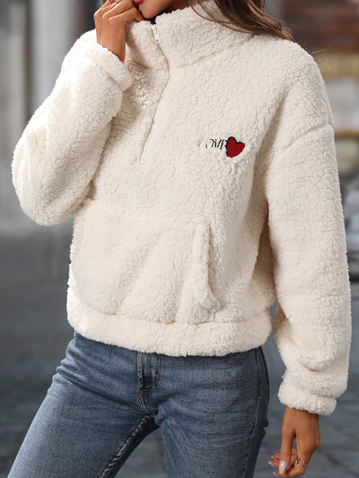 Fleece-Pullover mit halbem Reißverschluss – Warm Weiß Teddy Fleece-Pullover für Damen