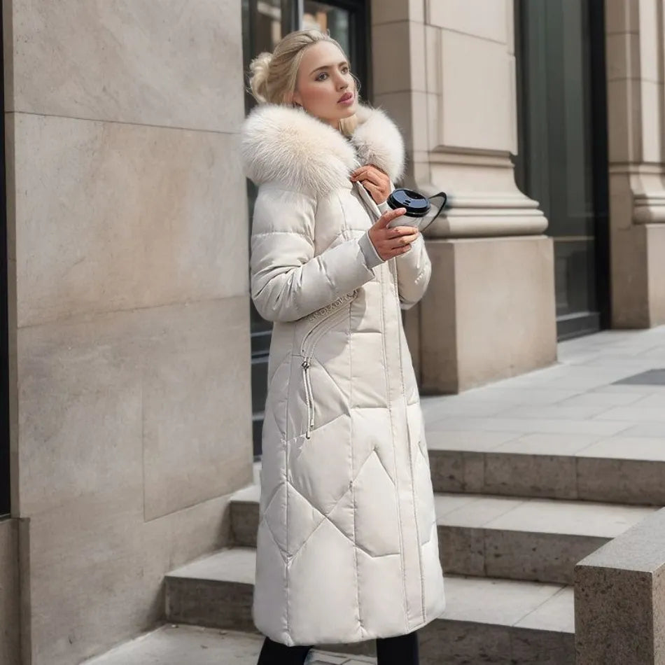 Lange Daunenjacke für Damen – Pelzkragen – Gefüttert – Winterjacke – Langer Mantel für Damen