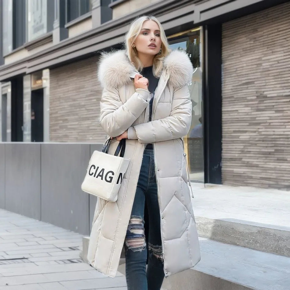 Lange Daunenjacke für Damen – Pelzkragen – Gefüttert – Winterjacke – Langer Mantel für Damen