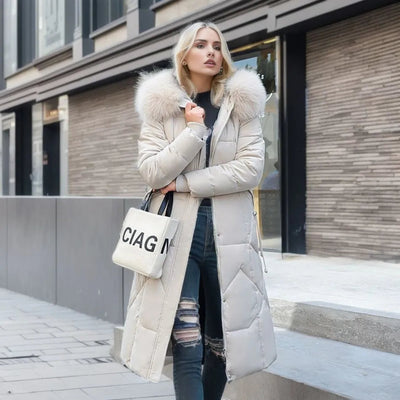 Lange Daunenjacke für Damen – Pelzkragen – Gefüttert – Winterjacke – Langer Mantel für Damen
