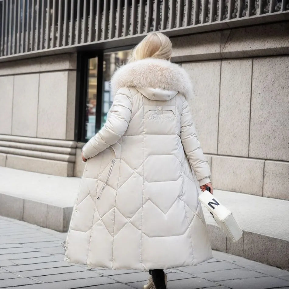 Lange Daunenjacke für Damen – Pelzkragen – Gefüttert – Winterjacke – Langer Mantel für Damen